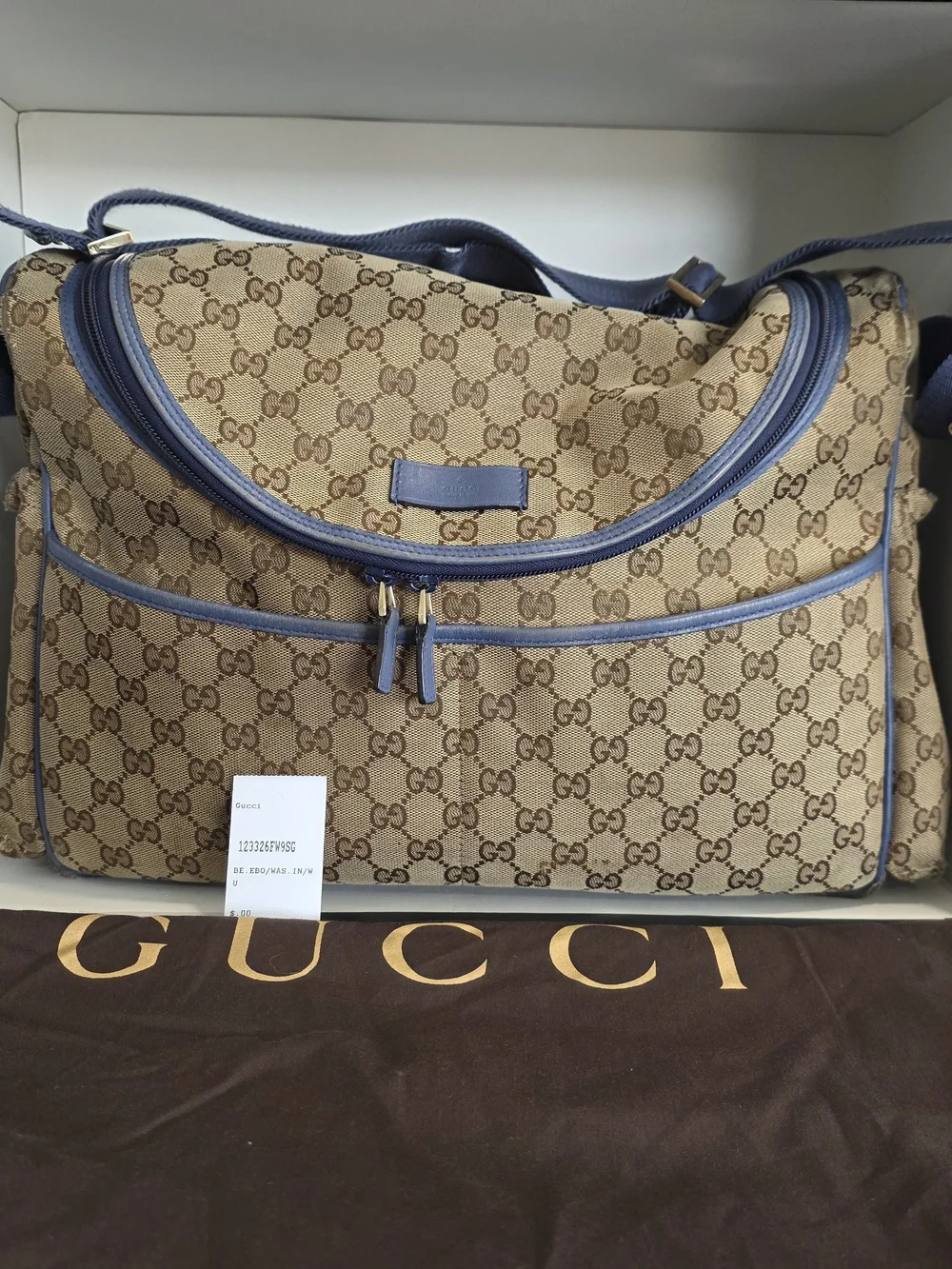 Gucci Beige GG Supreme Canvas Shoulder/Baby/Diaper Bag with Blue Trim